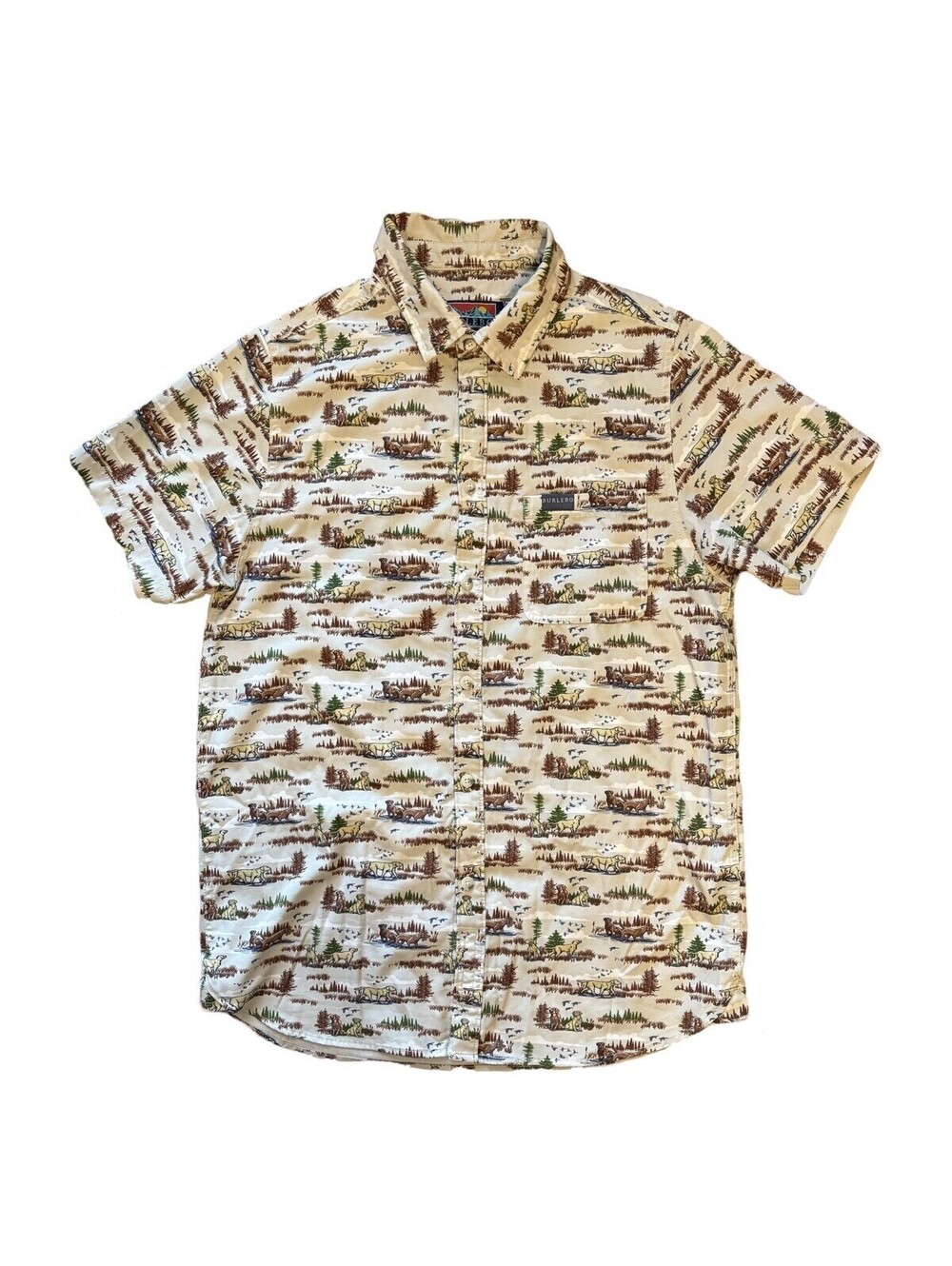 Burlebo Button Up Performance Shirt Dogs Ducks Hunting All Over Pattern Medium